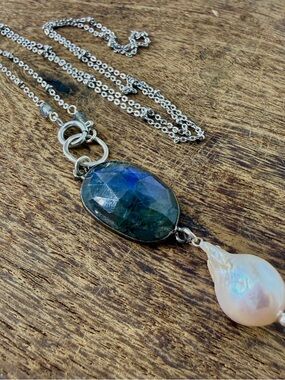 Labradorite and Baroque Pearl Pendant Necklace - Sterling Silver Chain
